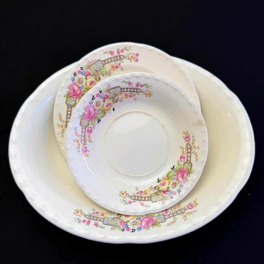 Vintage Crooksville China Co Floral 3pc Set Bowl Plate Saucer 644 Pink Rose USA